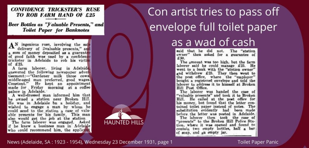 Con artist uses toilet paper as money 1931 Toilet Paper Panic Haunted Hills Podcast