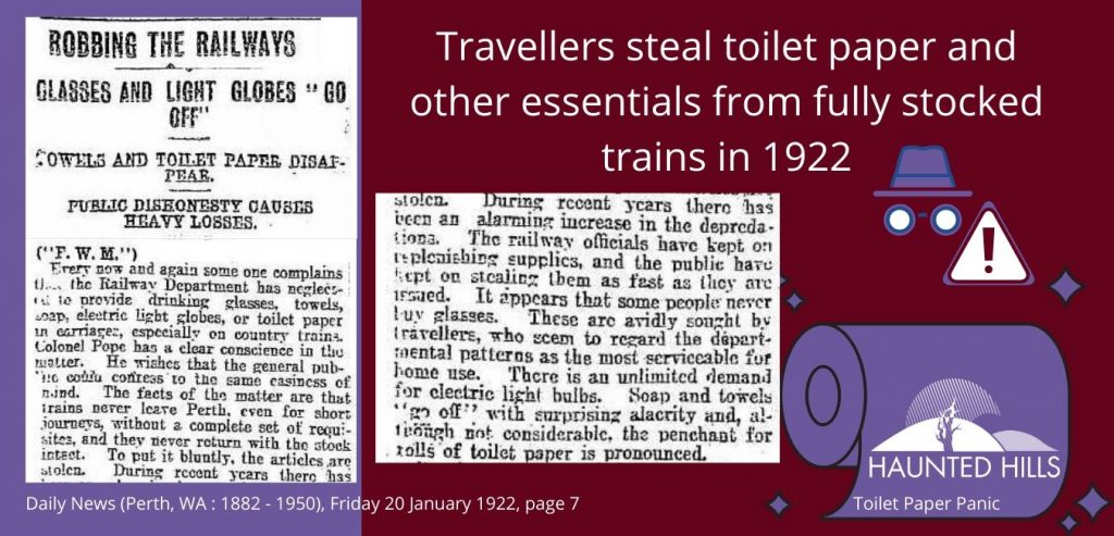 Travellers steal toilet paper while journeying on Perth's railways in 1922 Haunted Hills Podcast Toilet Paper Panic